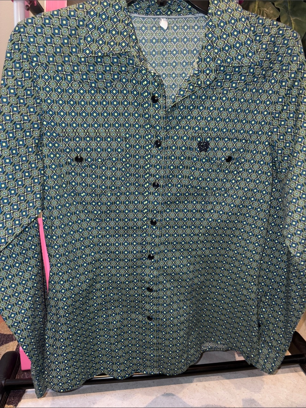 Cinch Women's Snap Shirt in Blue and Green Geometric Print